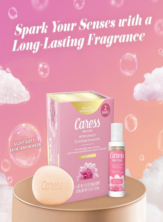 Caress Bar Soap 2-Pack + Travel-Size Body Wash, Daily Silk Bundle – Bath & Shower Essentials for Silky Soft Skin, White Peach & Orange Blossom - Image 3